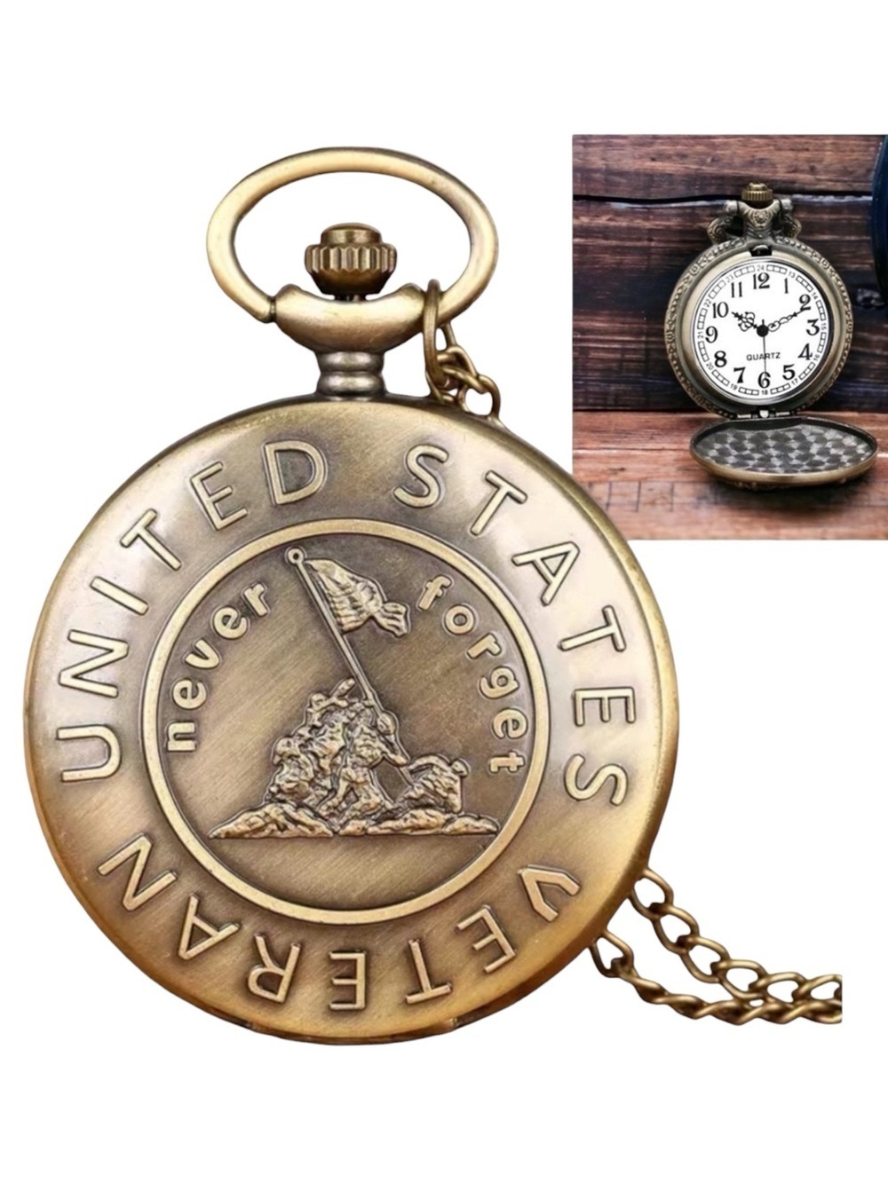 Pocket Watch with Chain Veteran Patriotic Flip Open USA Bronze Unisex Gift